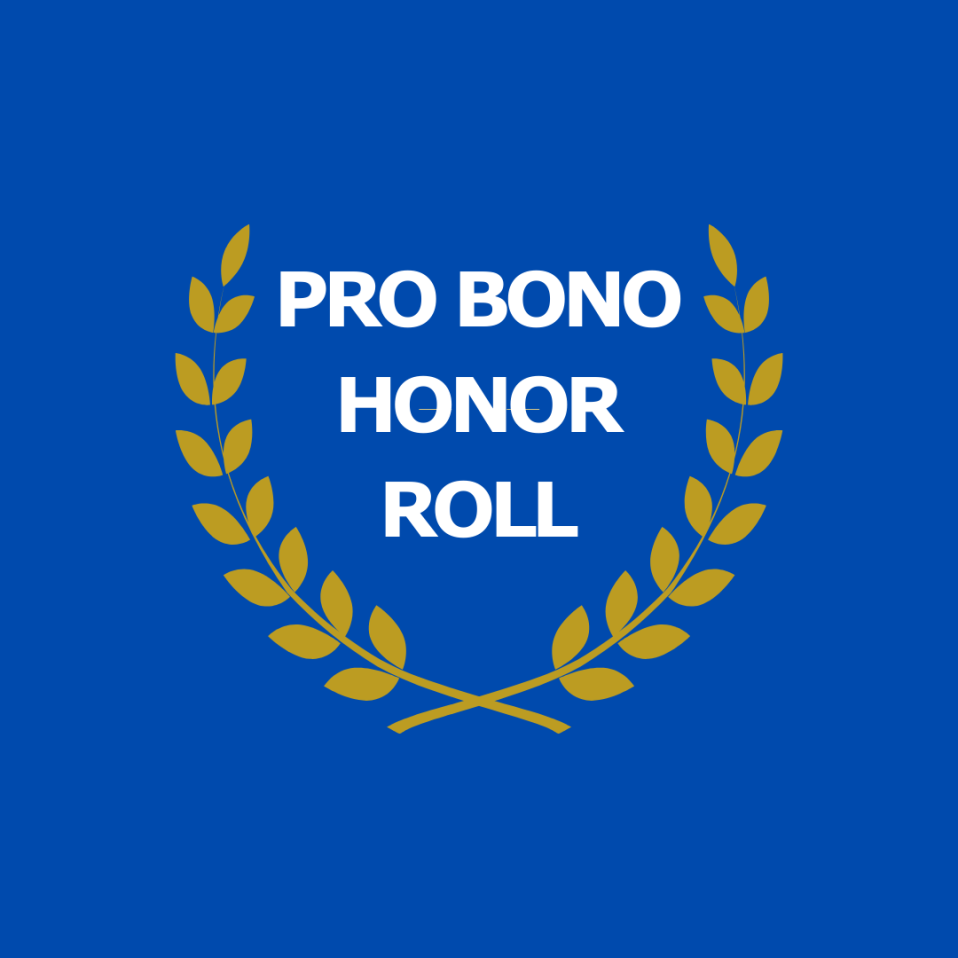 Graphic that reads ProBono Honor Roll with gold trophy wreath surrounding the words