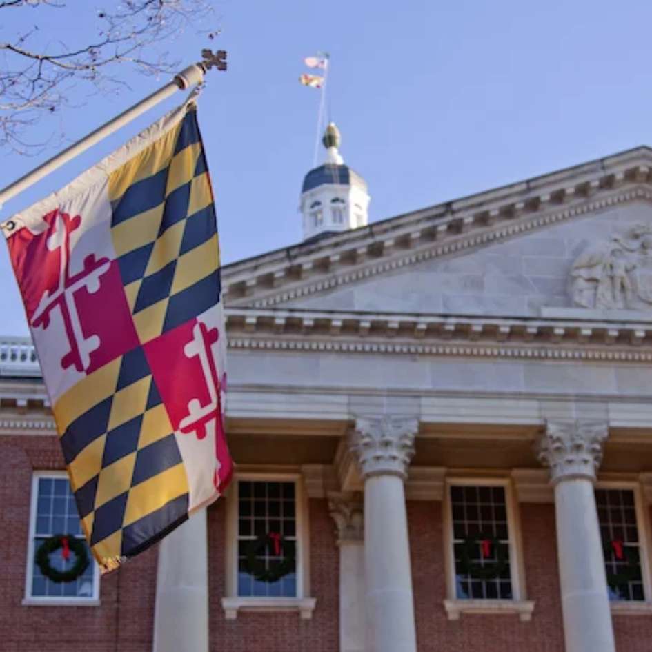 Maryland flag hanging outside the state house