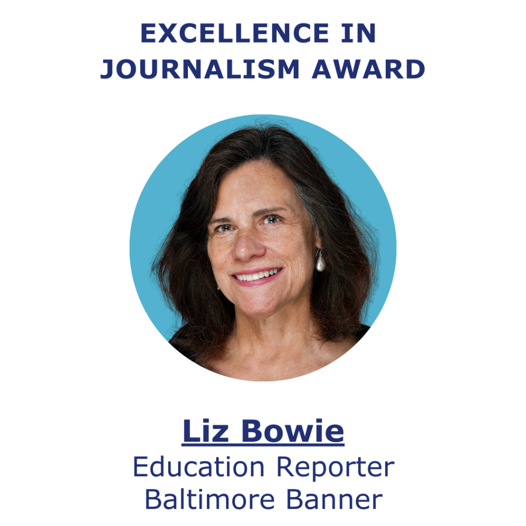 Photo of Liz Bowie a White woman with long dark brown hair. Liz is an Education Reporter for the Baltimore Banner and an awardee of the Excellence in Journalism Award.