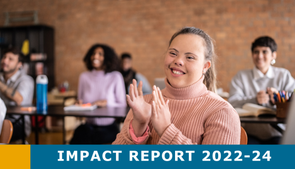 Photo of young woman in class Clapping and smiling. Words say Impact Report 2022-24