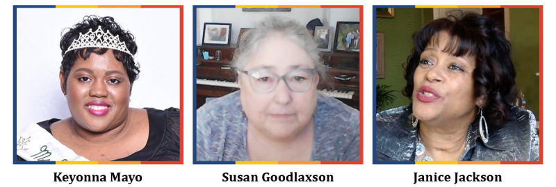 Images of Keyonna Mayo, Susan Goodlaxson, and Janice Jackson. Behind each image is a blue, yellow, orange, and red box/border.