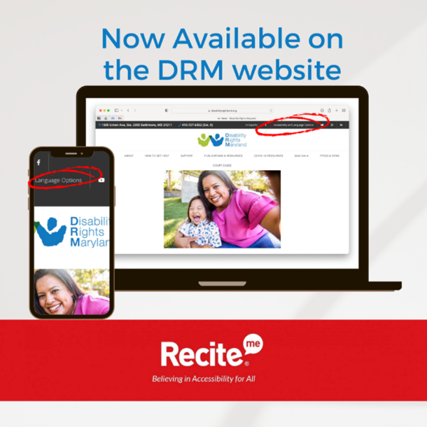 Photo of computer and smart phone displaying DRM website with a red circle around button with words 'Accessibility and Language Options'. Red banner with words in white 'Recite Me, Believing in Accessibility for All'