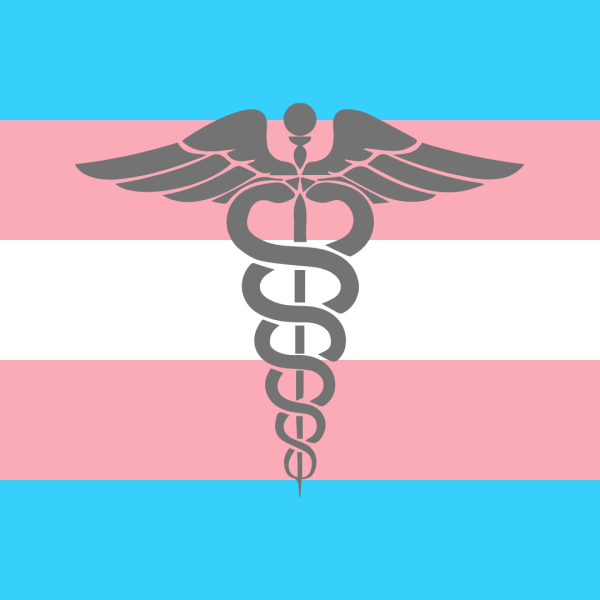 Trans gender flag with medical or doctor symbol on top